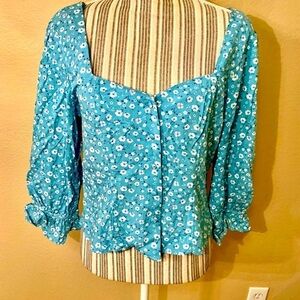 NWT Cropped Peasant Blouse Large ROW A Teal Seafoam White Floral 3/4 Slvs